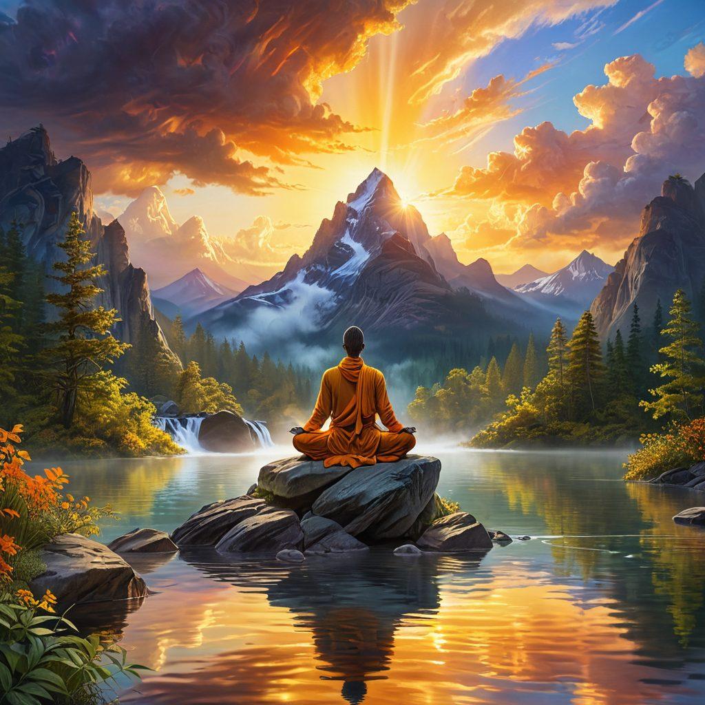 A serene scene of a figure meditating on a mountain peak at sunrise, surrounded by glowing energy waves symbolizing inner strength and wellness. Incorporate elements like flowing water, vibrant greenery, and ethereal light rays breaking through clouds. The colors should be warm and inviting, evoking a sense of peace and empowerment. super-realistic. vibrant colors.
