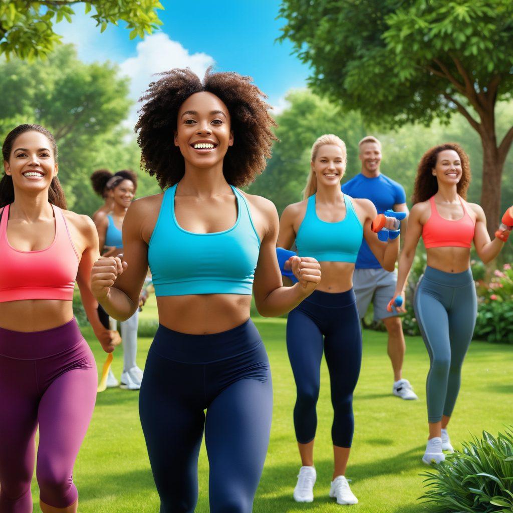 An empowering scene of a diverse group of individuals of varying fitness levels engaging in strength training at a vibrant outdoor park. They are smiling and encouraging each other, surrounded by fitness equipment like weights and resistance bands. The background features lush greenery and a bright blue sky, symbolizing vitality and wellness. The scene emphasizes community, resilience, and personal growth. super-realistic. vibrant colors. 3D.